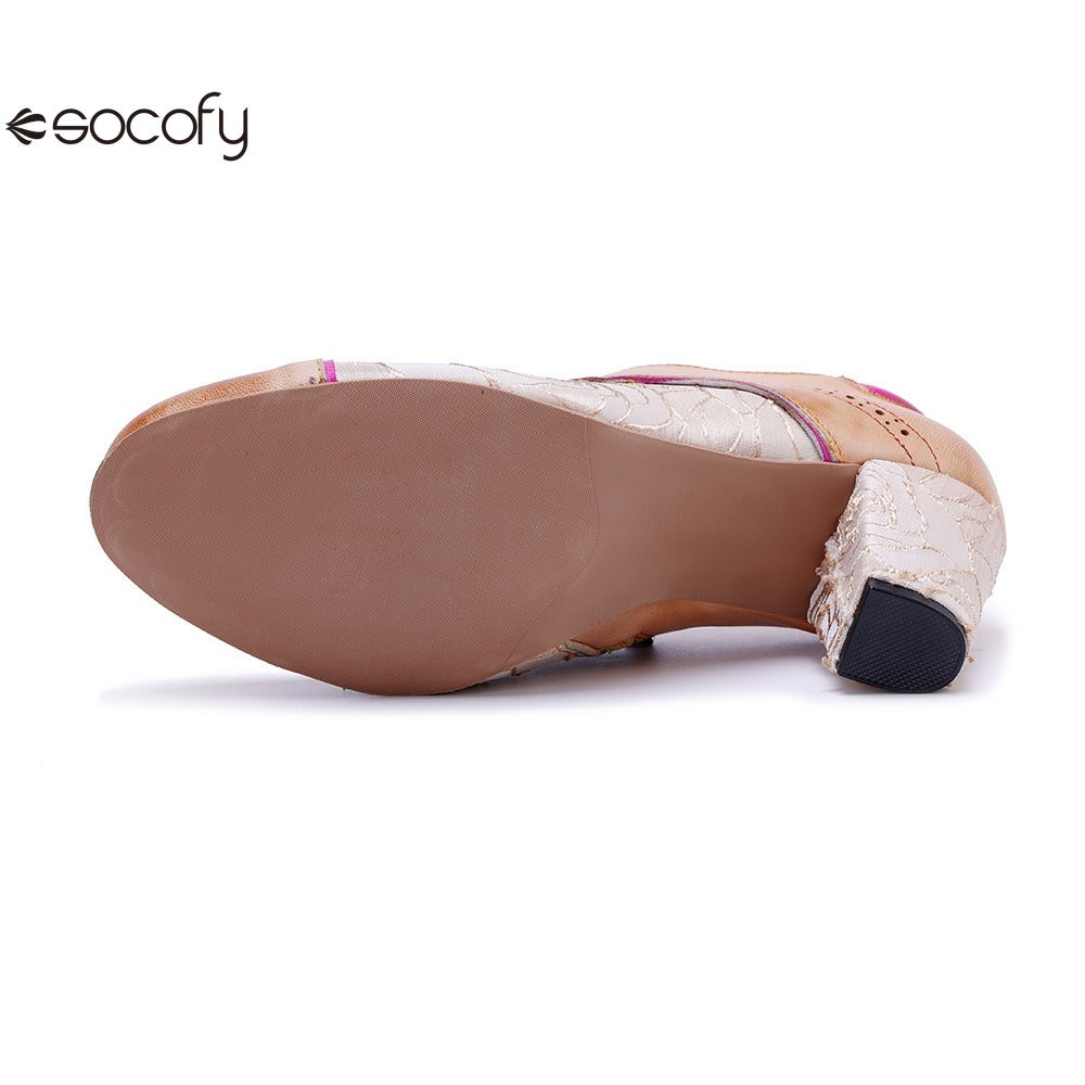 Socofy Genuine leather vintage splicing rose fashion lace-up high heels shoes