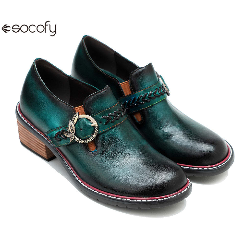 Socofy Genuine Leather Handmade Lace-Up hand-rubbed color Loafers