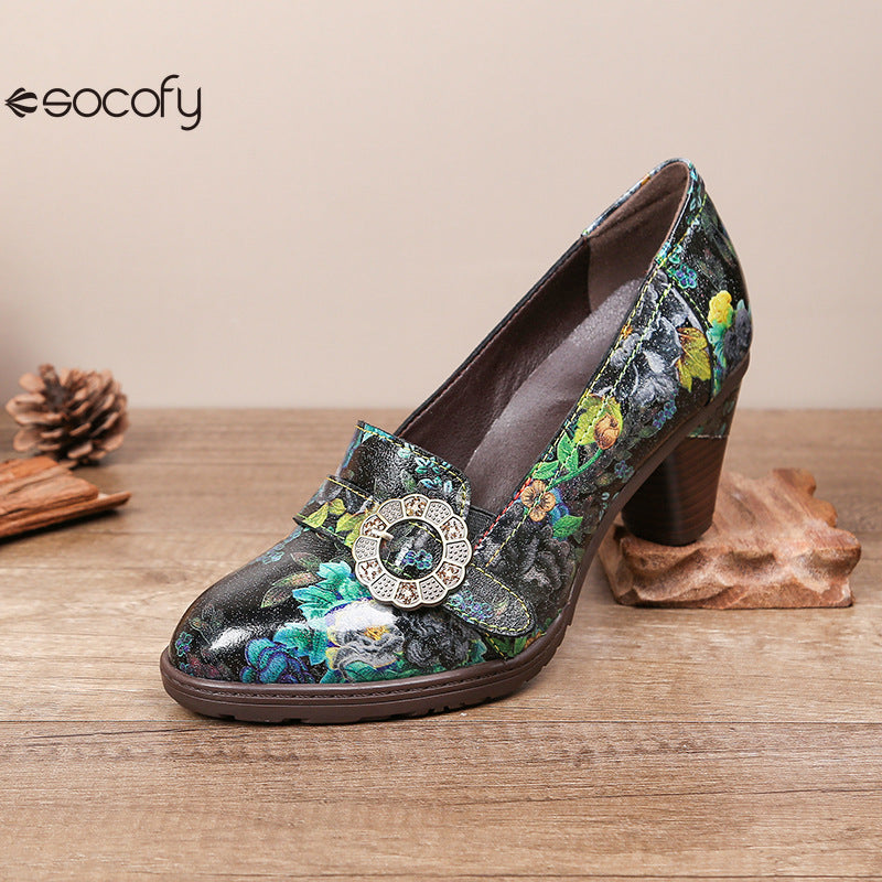 Socofy Vicconfy Round Toe Cowhide Leather Fashion Single Shoes Vintage Flower Heels Women's Shoes