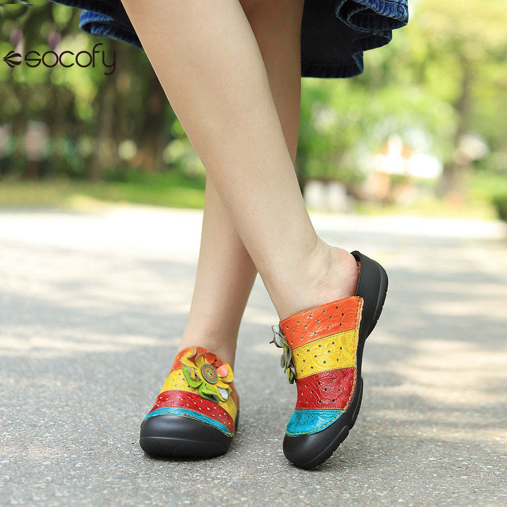 Socofy genuine leather handmade hollow three-dimensional flower comfortable flat slippers