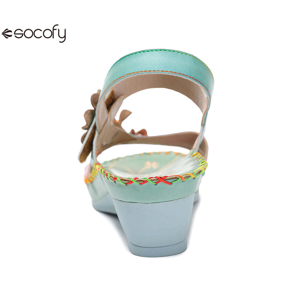 Socofy Vicconfy Genunie Leather Floral Handmade Women's Sandals