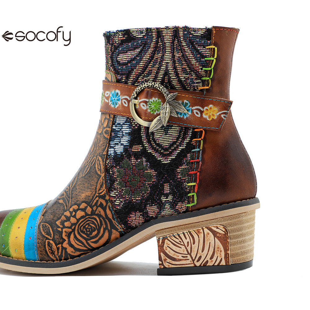 Socofy Vicconfy Genuine Leather Floral Vintage Casual Comfort Ankle Boots