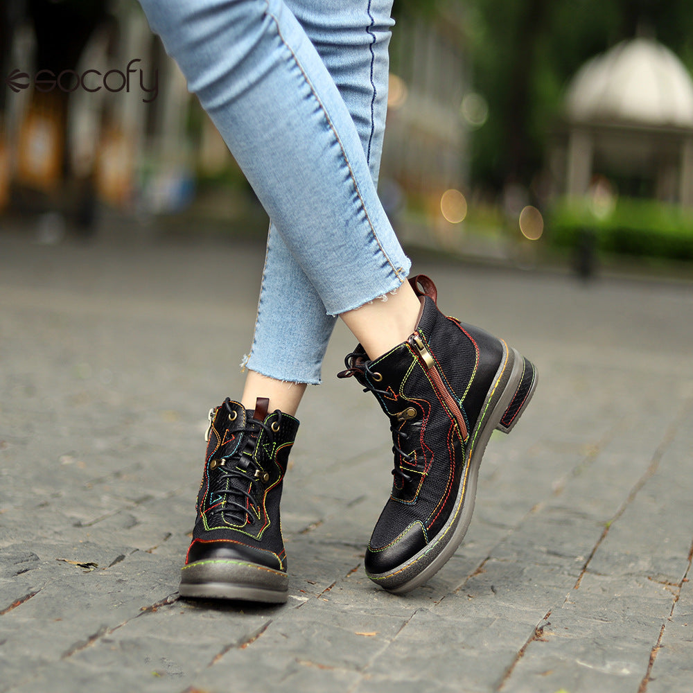 Socofy Vicconfy Leather Double Colored Thread Stitching Ankle Boots