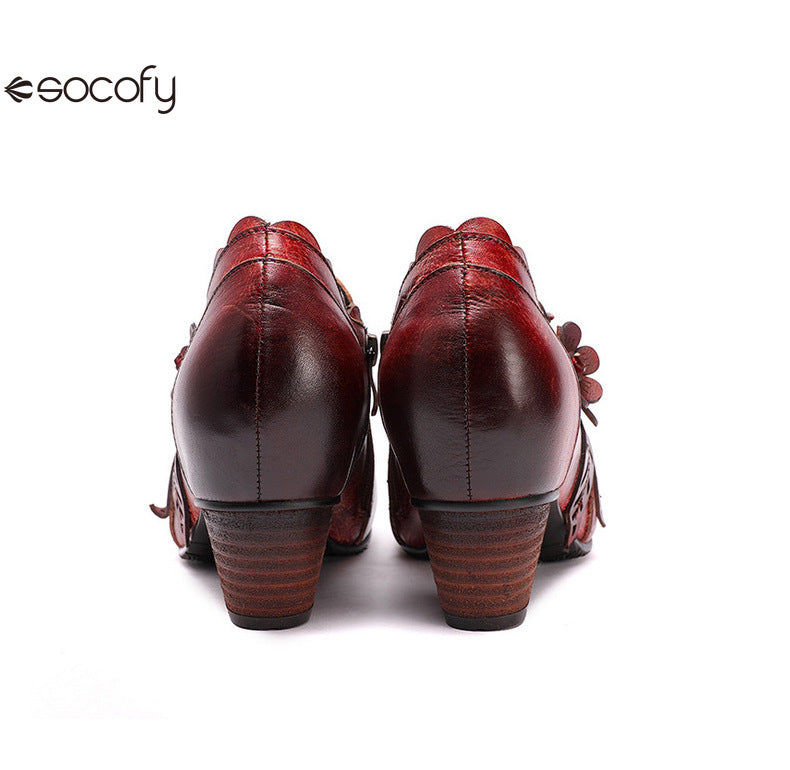 Socofy Genuine Leather Handmade Vintage Fashion Side Zipper High Heels Women's Shoes