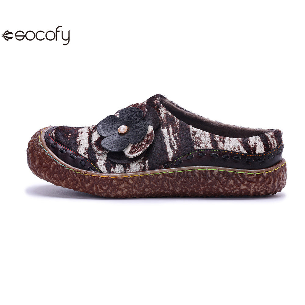 Socofy Vicconfy Genuine Leather Pony Hair Cubic Flower Retro Comfort Loafers