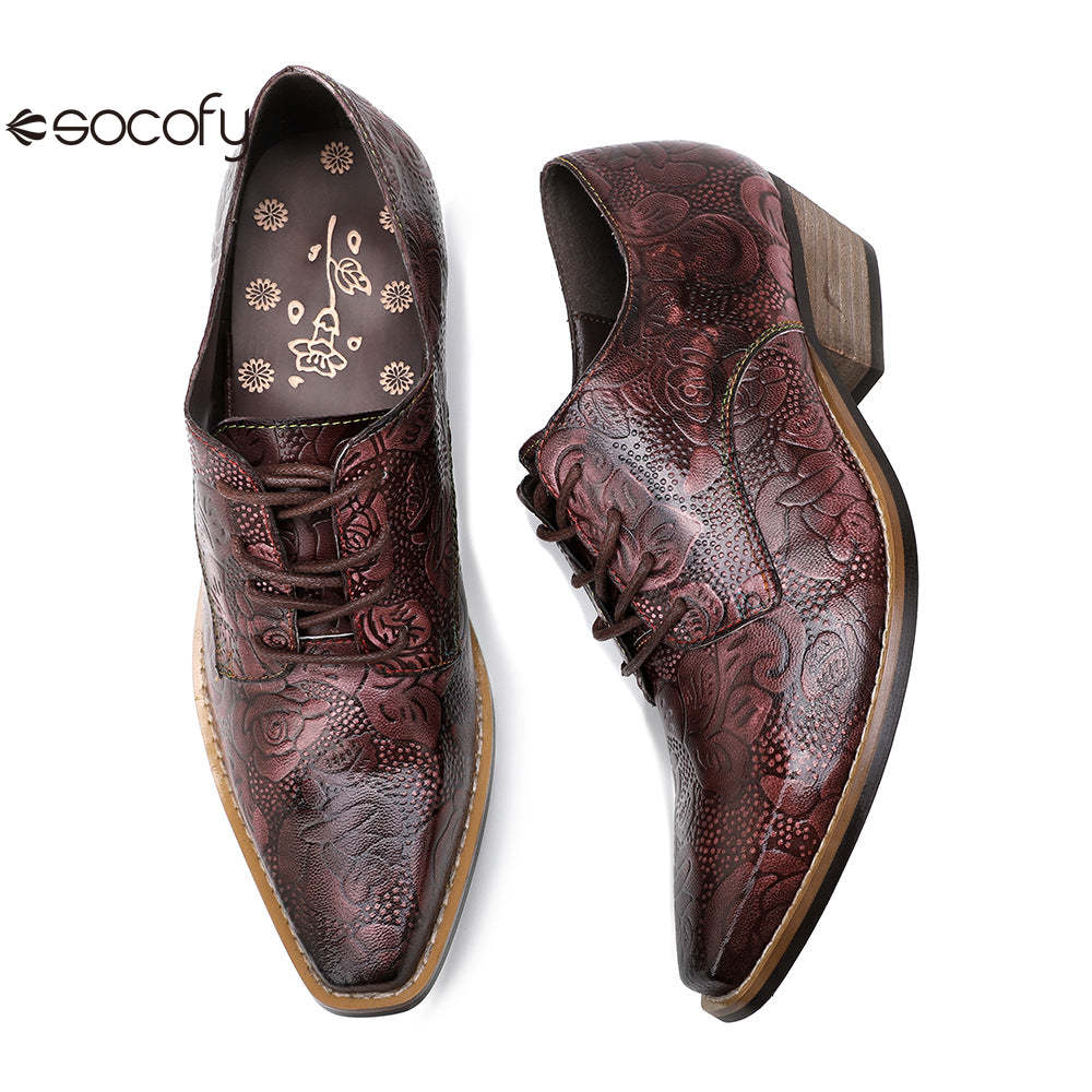 Socofy leather retro British style dark flower texture women's thick heel flat shoes