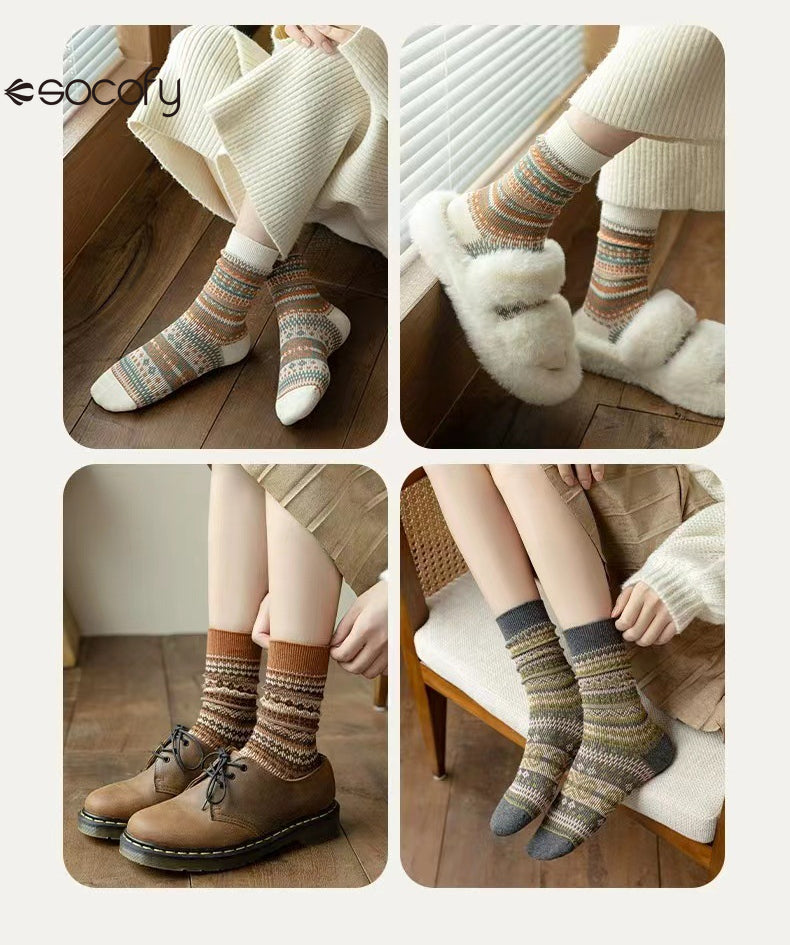 Socofy Vicconfy Mid-calf Socks Vintage Ethnic Striped Cotton Socks