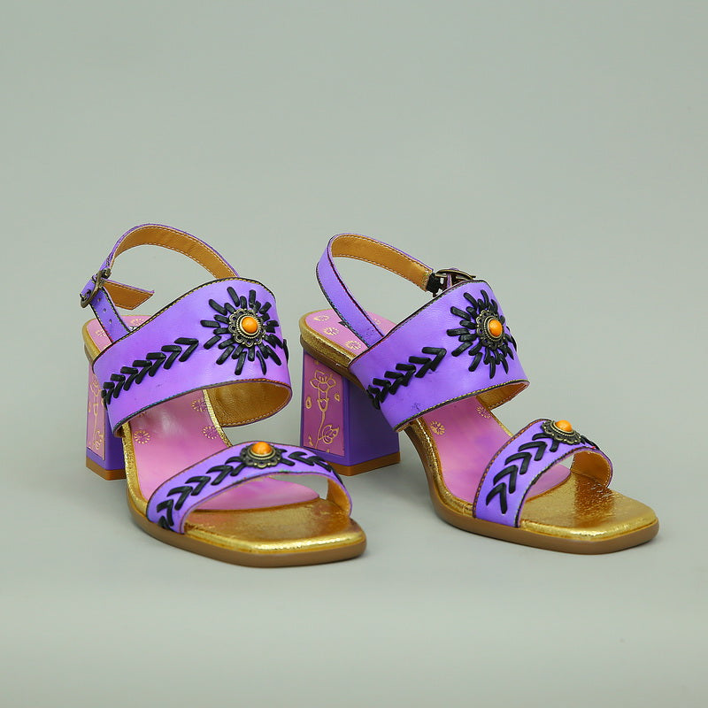 Vicconfy Purple Turquoise Embellished Ethnic Style Women's High Heeled Sandals