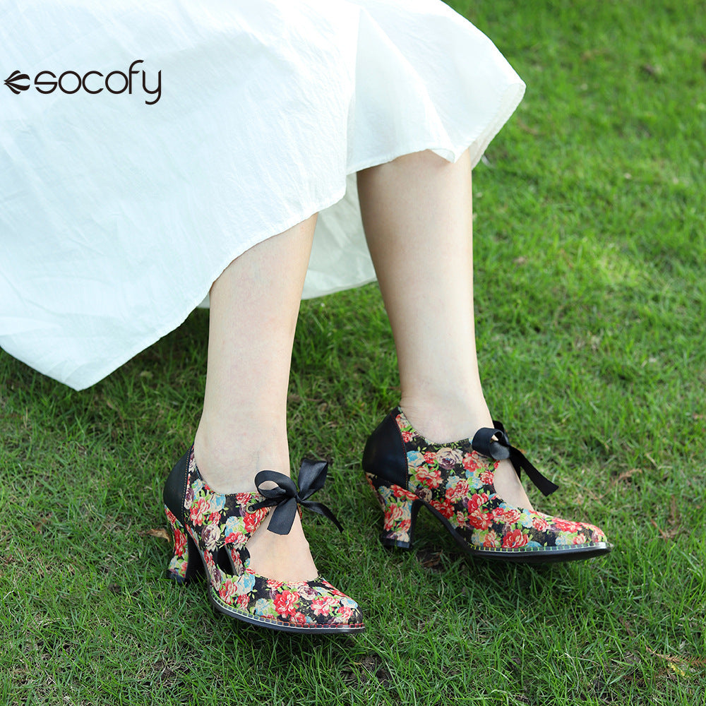 Socofy Vintage Rustic Broken Flower Strappy Bow High Heels