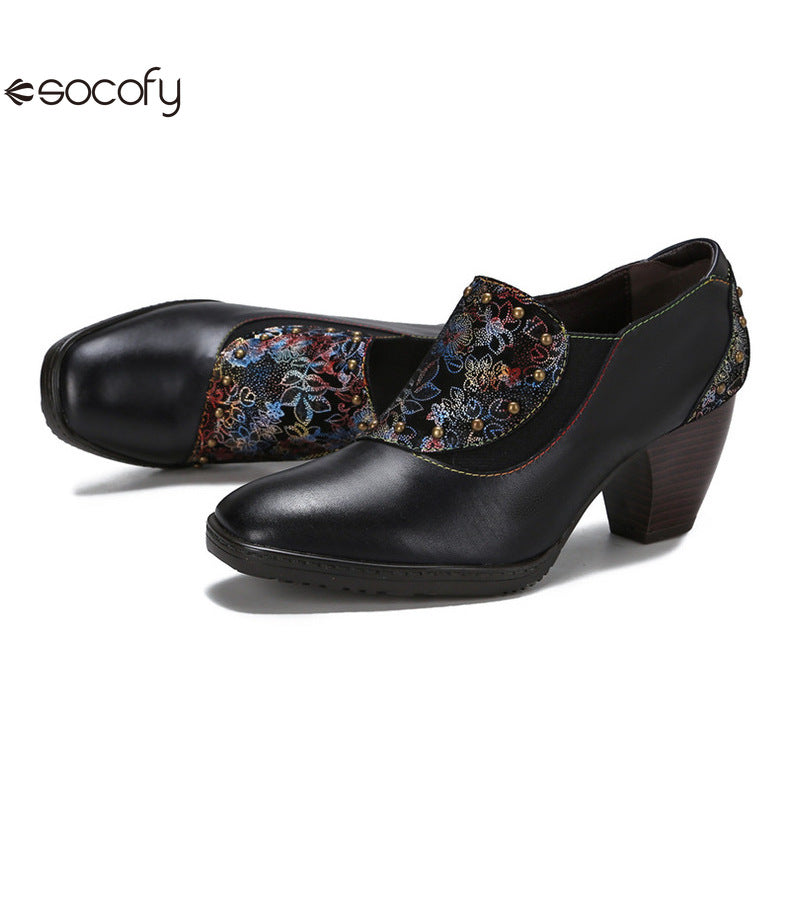 Socofy Vicconfy Round Toe Leather Fashion Side Zipper Heels Single Shoes Women's Shoes