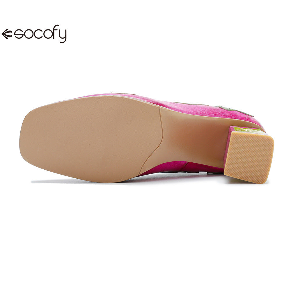 Socofy Handmade Leather Vintage Mary Jane Heels