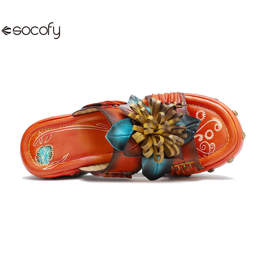 Socofy Genuine Leather Hand-painted Retro High Heeled Slippers Sandals