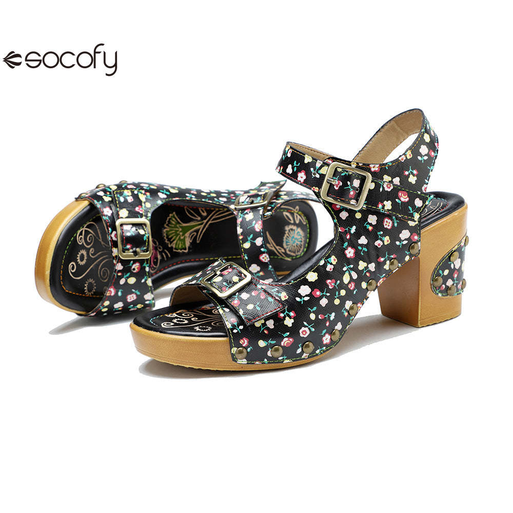 Socofy Leather Vintage Floral American Rustic Heeled Sandals