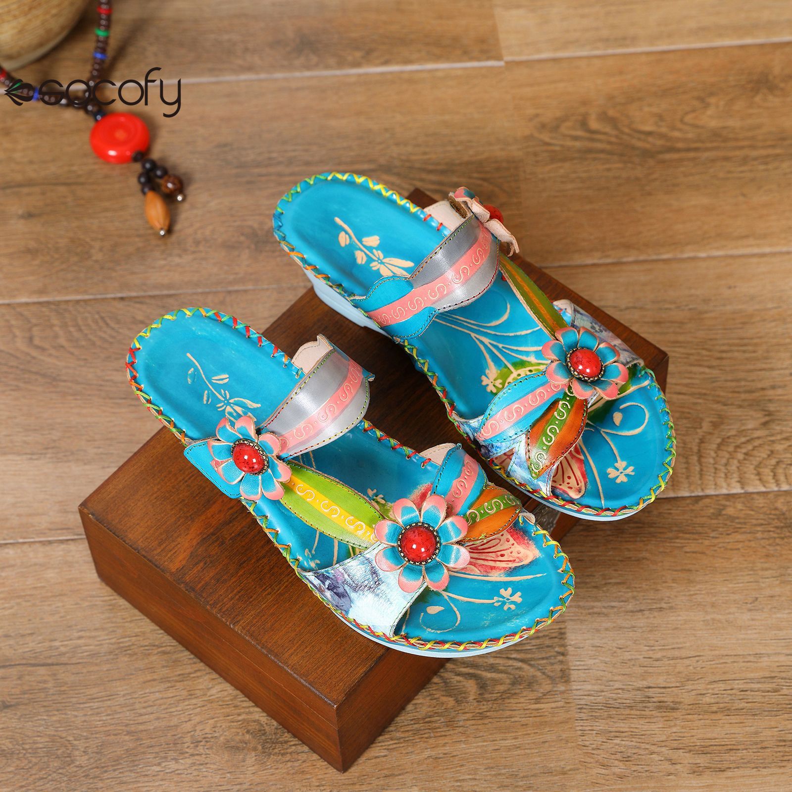 Socofy summer fashionable flower women's shoes ethnic style retro casual leather wedge slippers