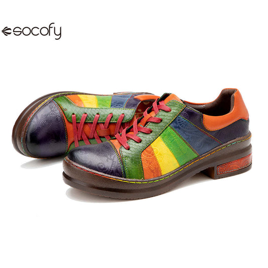 Socofy Colour Patchwork Genuine Leather Women's Flat Shoes 1000