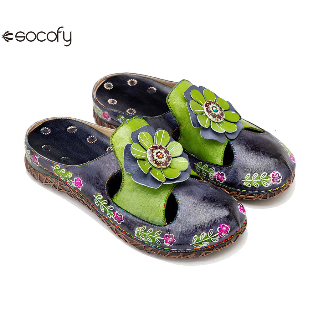 Socofy Flat Flower Daily Home Casual Back Heel Half Slippers Women