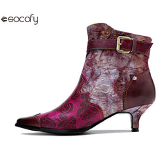 Socofy Leather Printed Patchwork Belt Buckle Slim Heel Women's Boots