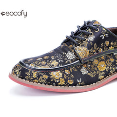 Socofy Genuine Leather Retro Flat Print Casual Lace-up Loafers Shoes