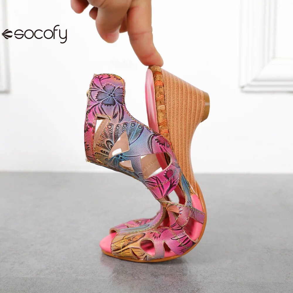 Socofy Colour Retro Genuine Leather Handmade Fashion Concise Ladies Hollow Mid-heeled Sandals