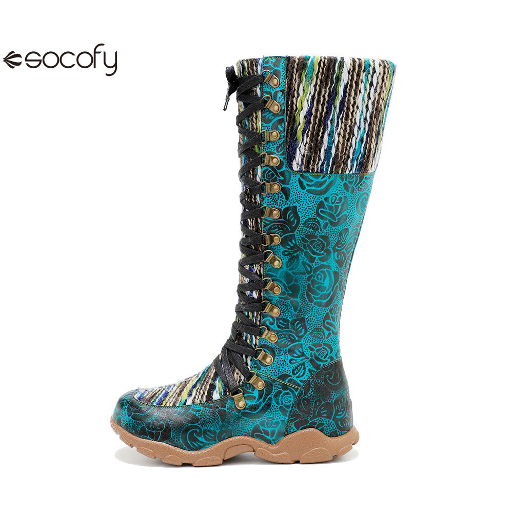 Socofy Genuine Leather Vintage Printed Wool Lace Up Comfortable Flat High Boots