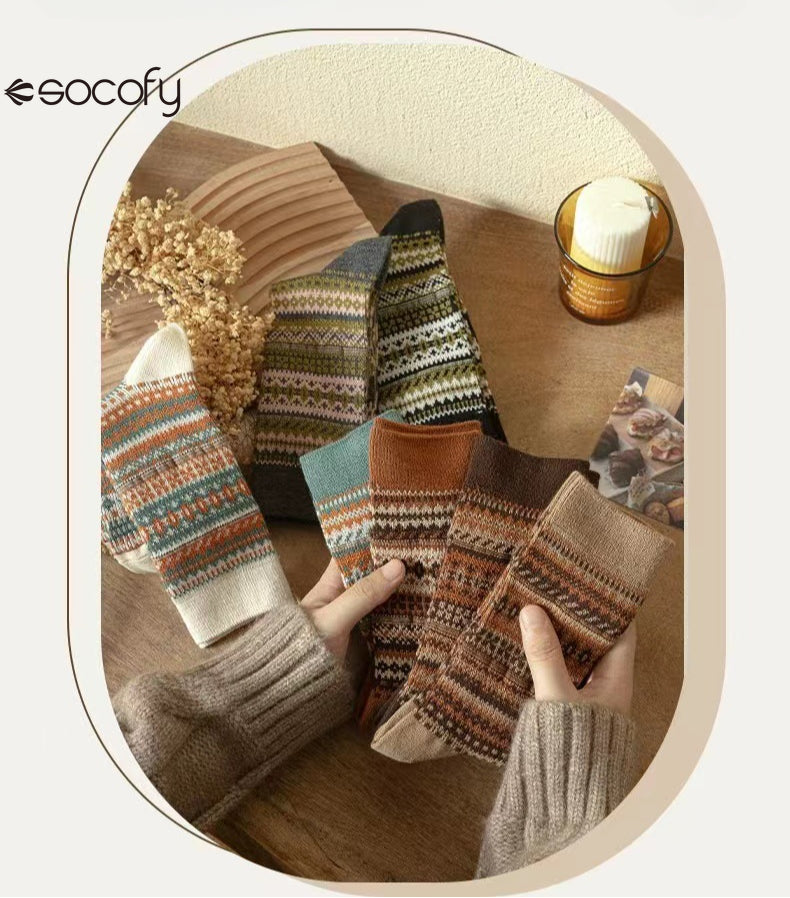 Socofy Vicconfy Mid-calf Socks Vintage Ethnic Striped Cotton Socks