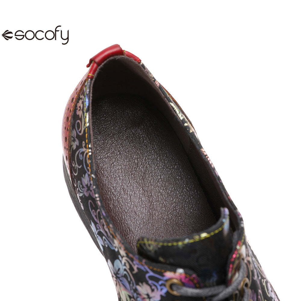 Socofy Ethnic style flower retro cowhide casual women's shoes