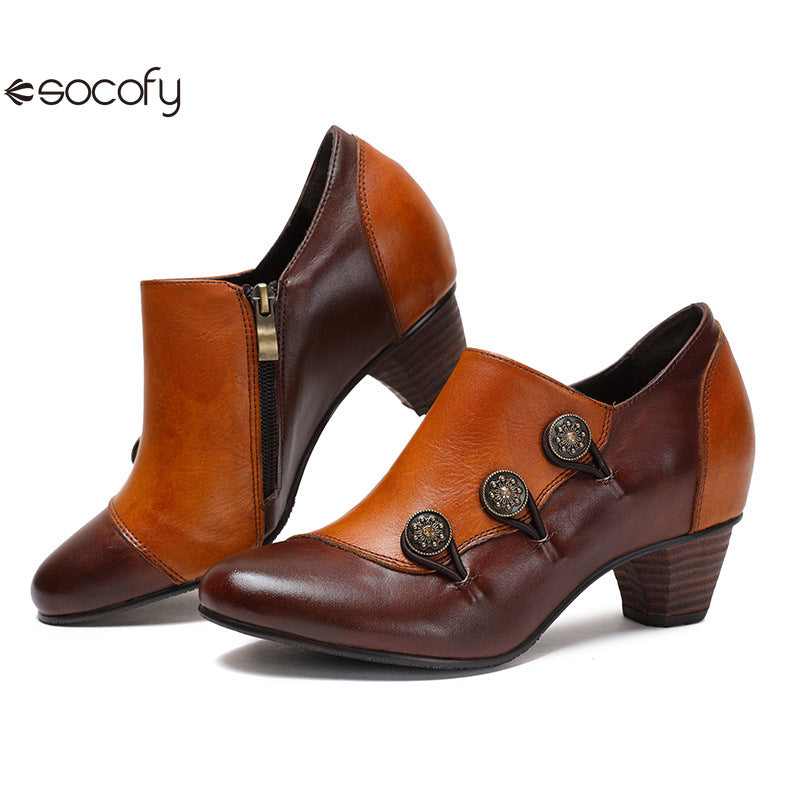 Socofy Vicconfy Genuine Leather Ethnic Style Handmade Vintage Literary Buckle Heels