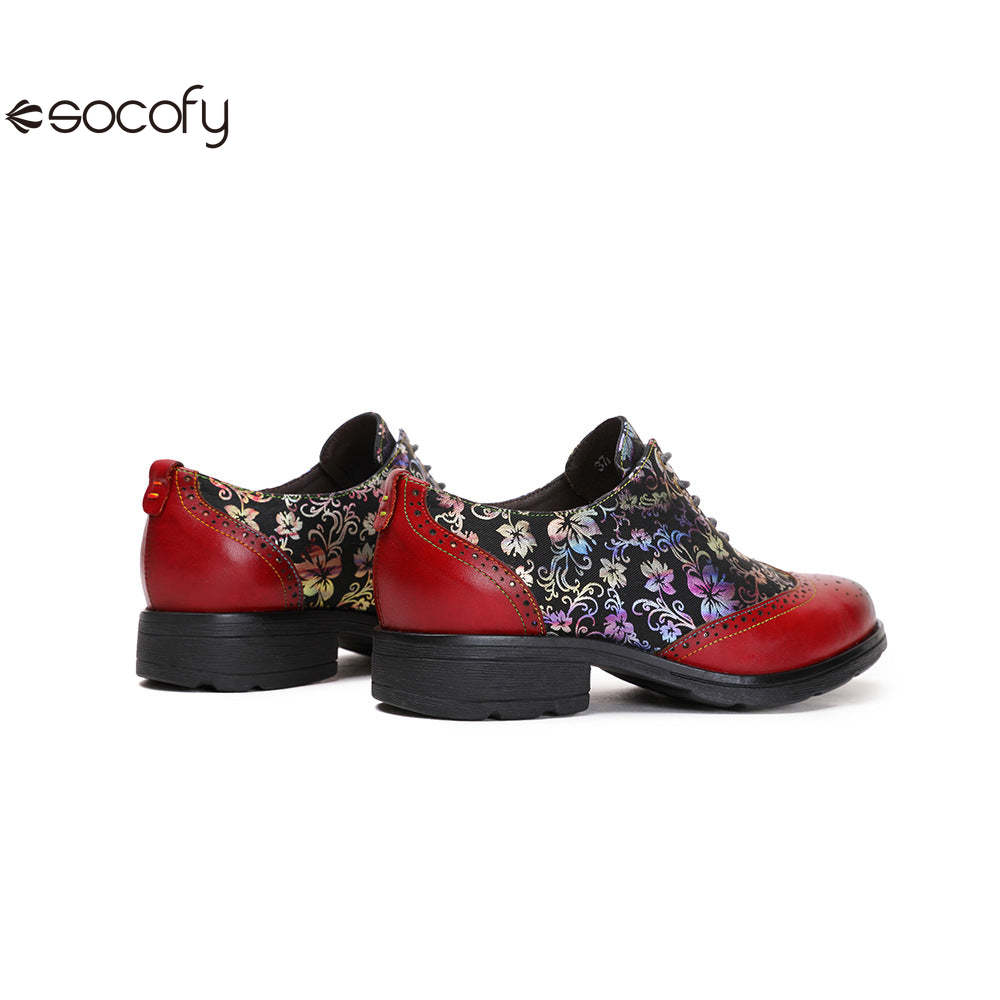 Socofy Ethnic style flower retro cowhide casual women's shoes