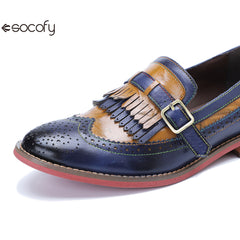 Socofy Genuine Leather Women's Retro Colorblocking Tassel Flat Comfort Loafers