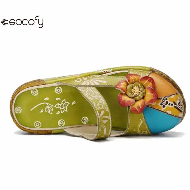 Socofy Flower Genuine Leathe Handmade Slides Flip Flop Women Slippers