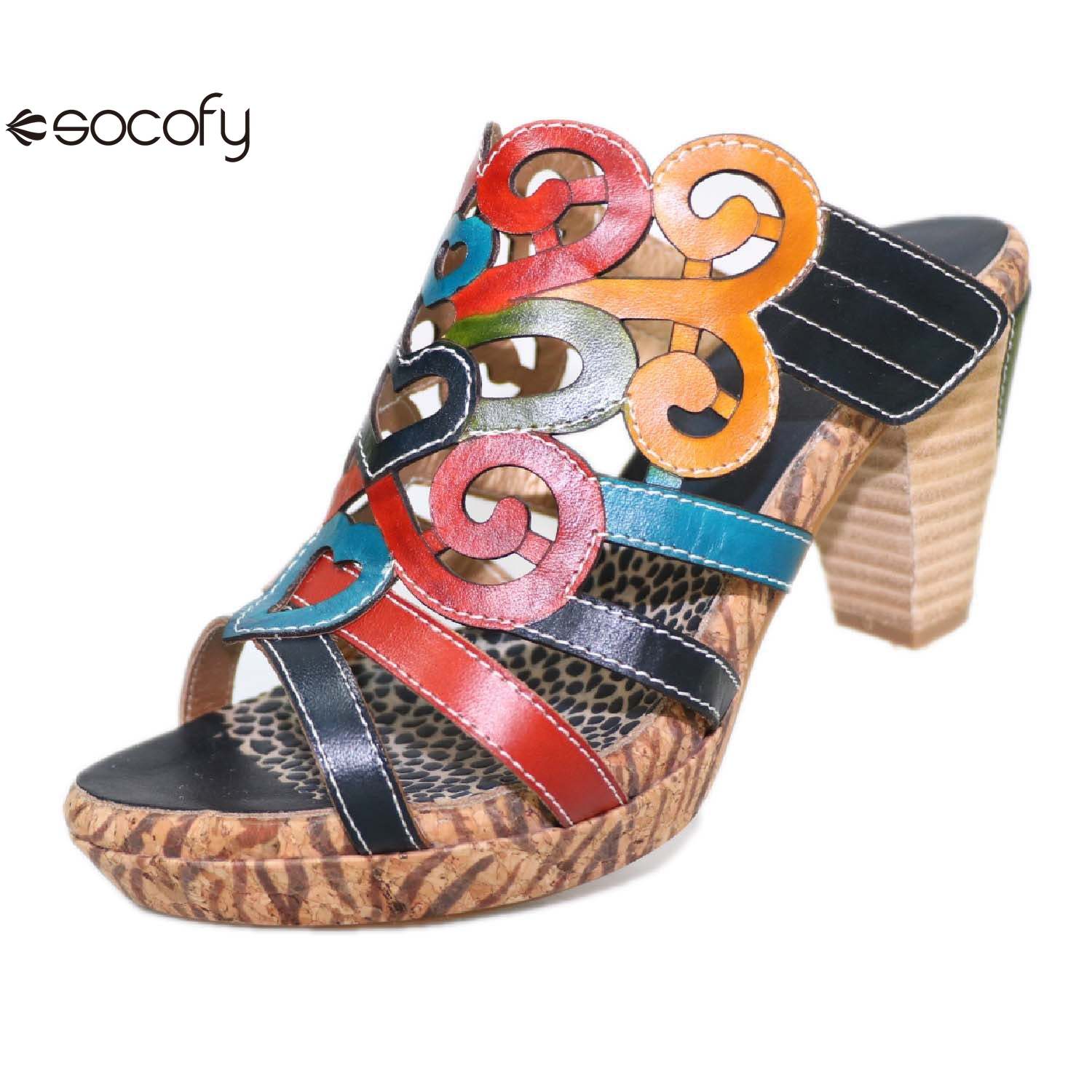 Socofy summer ethnic style leather women's shoes high heels handmade slippers