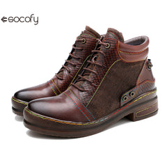 Socofy Vicconfy Genuine leather lace-up vintage biker boots