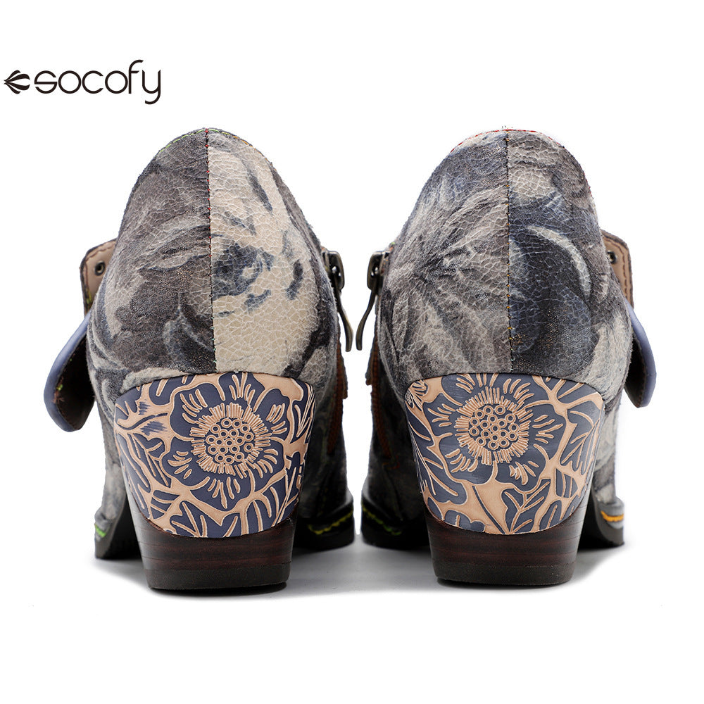 Socofy  Vicconfy Genuine Leather Vintage Style Water Print High Heeled Single Shoes