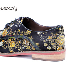 Socofy Genuine Leather Retro Flat Print Casual Lace-up Loafers Shoes