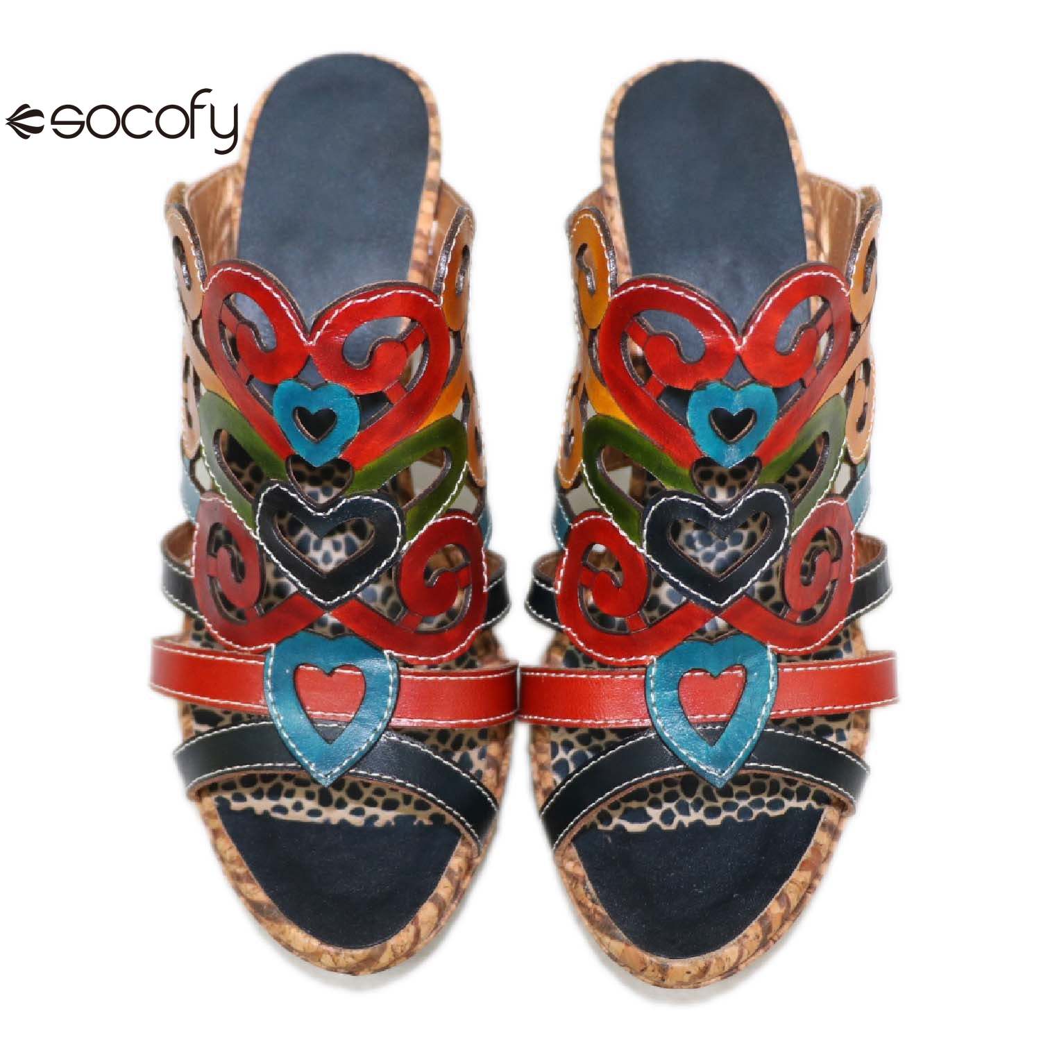 Socofy summer ethnic style leather women's shoes high heels handmade slippers