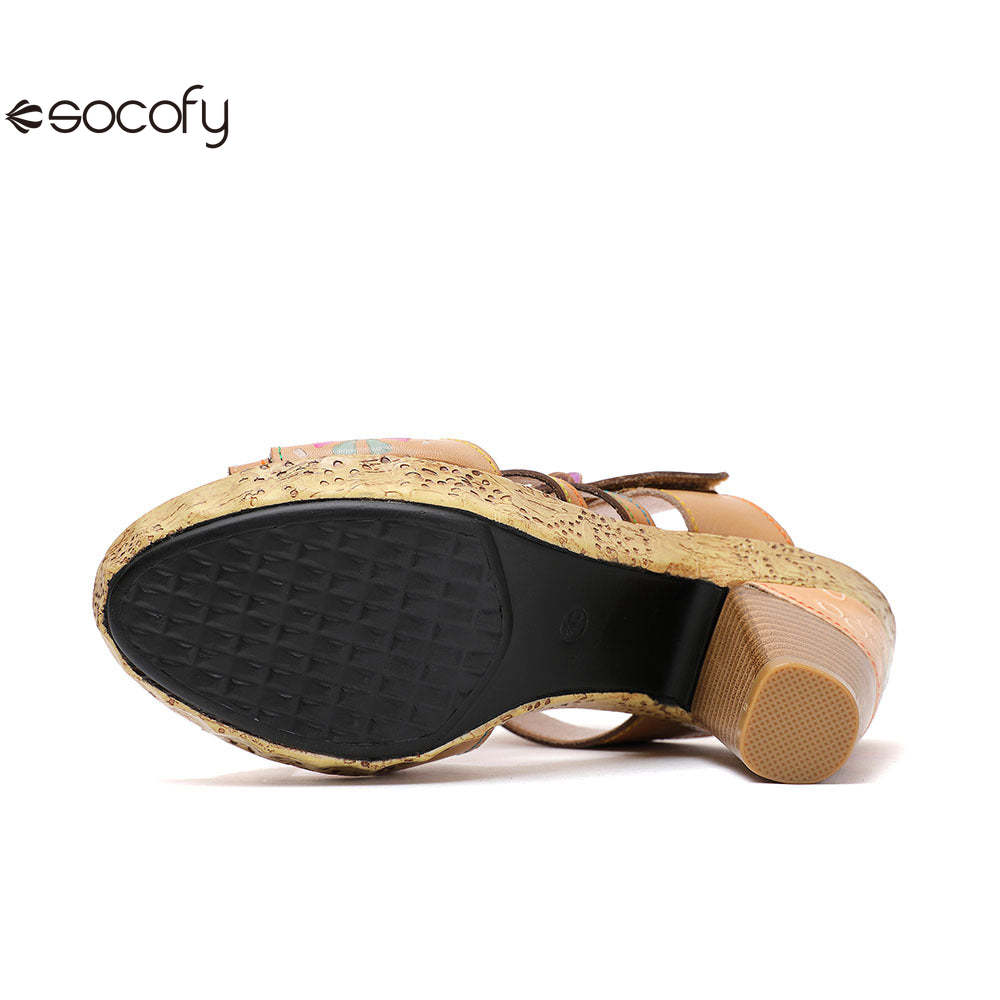 Socofy Vicconfy Flower Patchwork Head Cowhide High Heel Women's Sandals Slippers