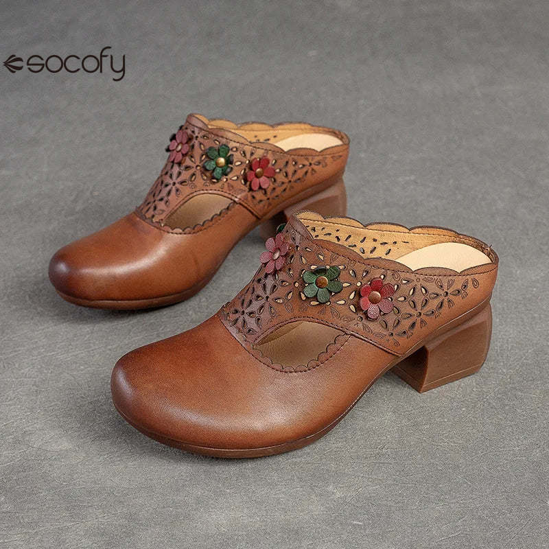 Socofy Ethnic Style Flower Mid Heel Round Toe Retro Comfortable Versatile Women Shoes