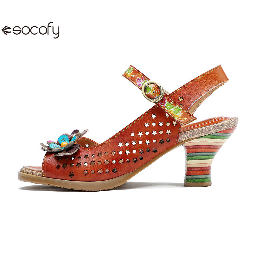 Socofy Summer Genuine Leather Hollow Three-dimensional Flower Comfortable Women's High Heels