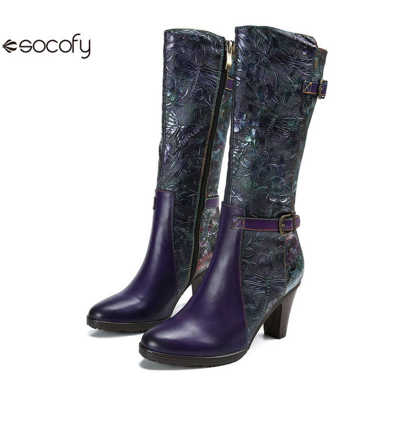 Socofy Vicconfy Genuine Leather Printed Belt Buckle Ethnic Long Boots