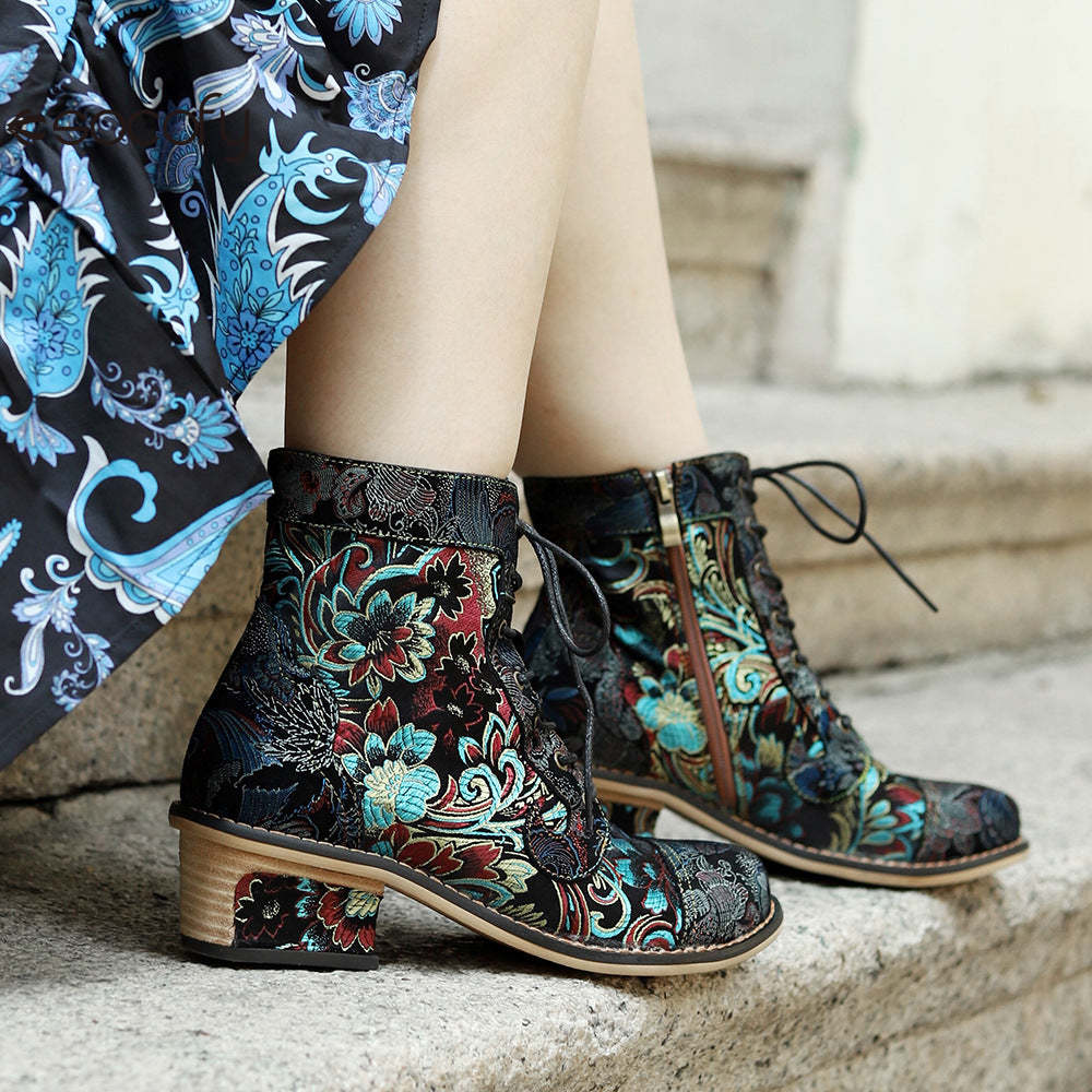 Socofy Vicconfy Vintage Printed Embroidered Casual Women's Boots