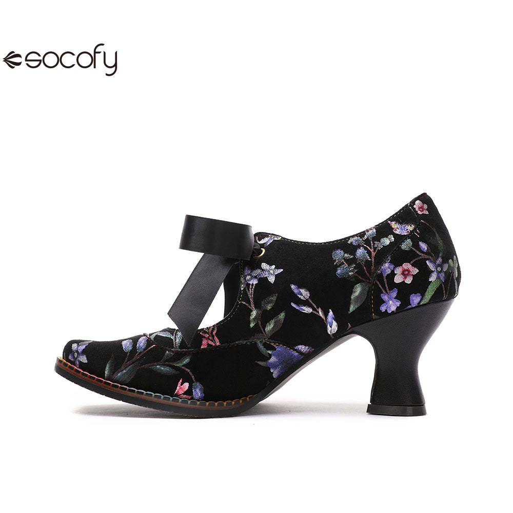 Socofy Flower Antique Style High Heel Round Toe Women's Shoes