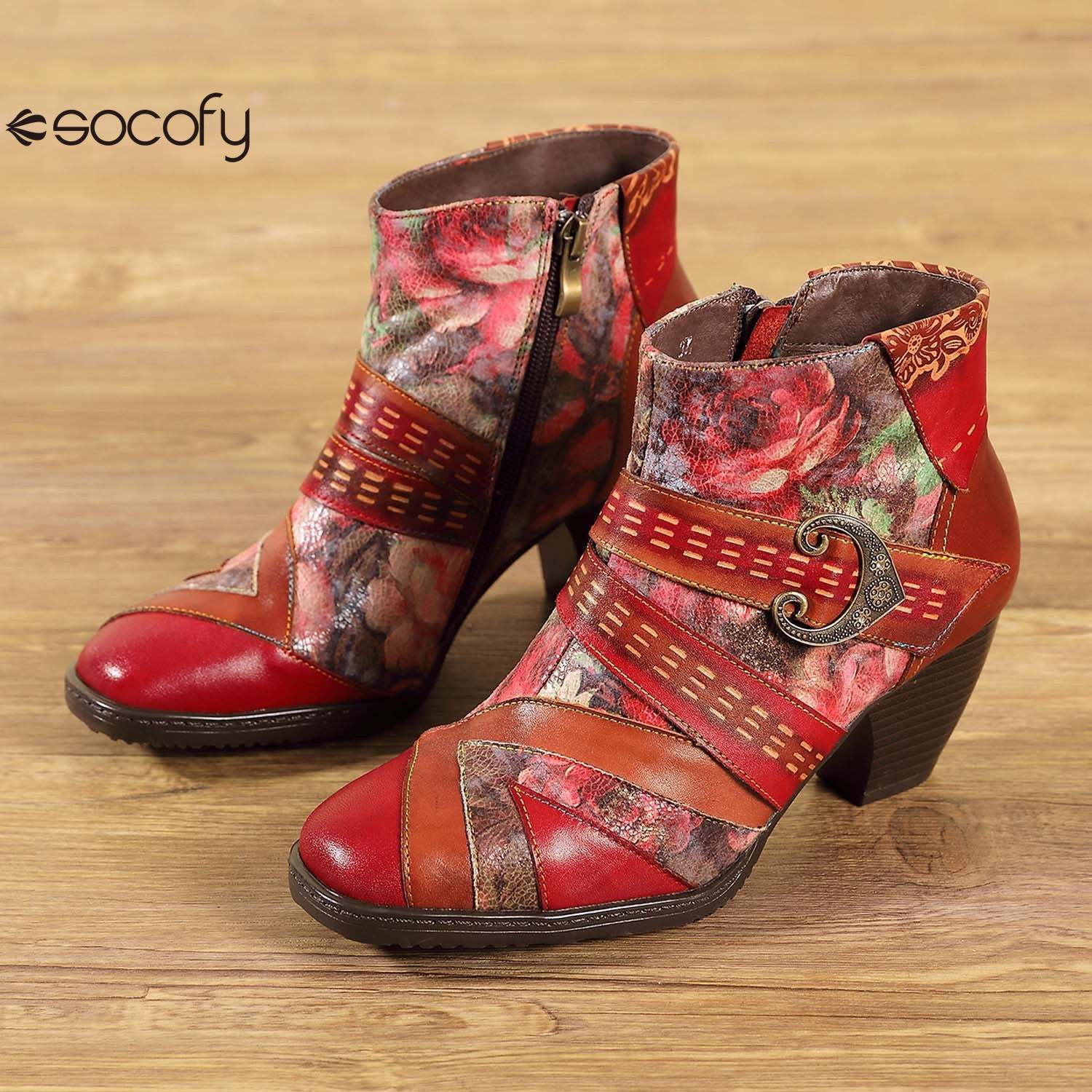 Socofy Retro leather stitching high ethnic style flower women's boots