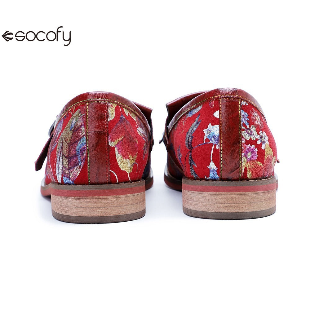 Socofy Handmade Leather Vintage Printed Tassel Flat Loafers Shoes