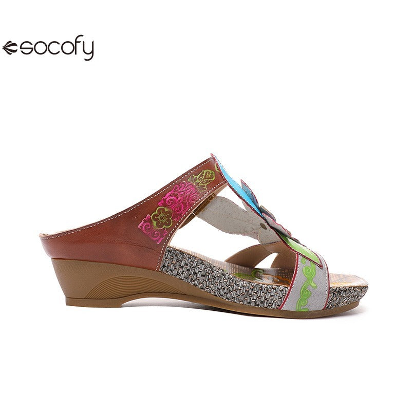 Socofy genuine genuine leather bohemian floral vintage sandals