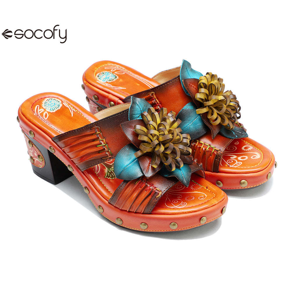 Socofy Genuine Leather Hand-painted Retro High Heeled Slippers Sandals