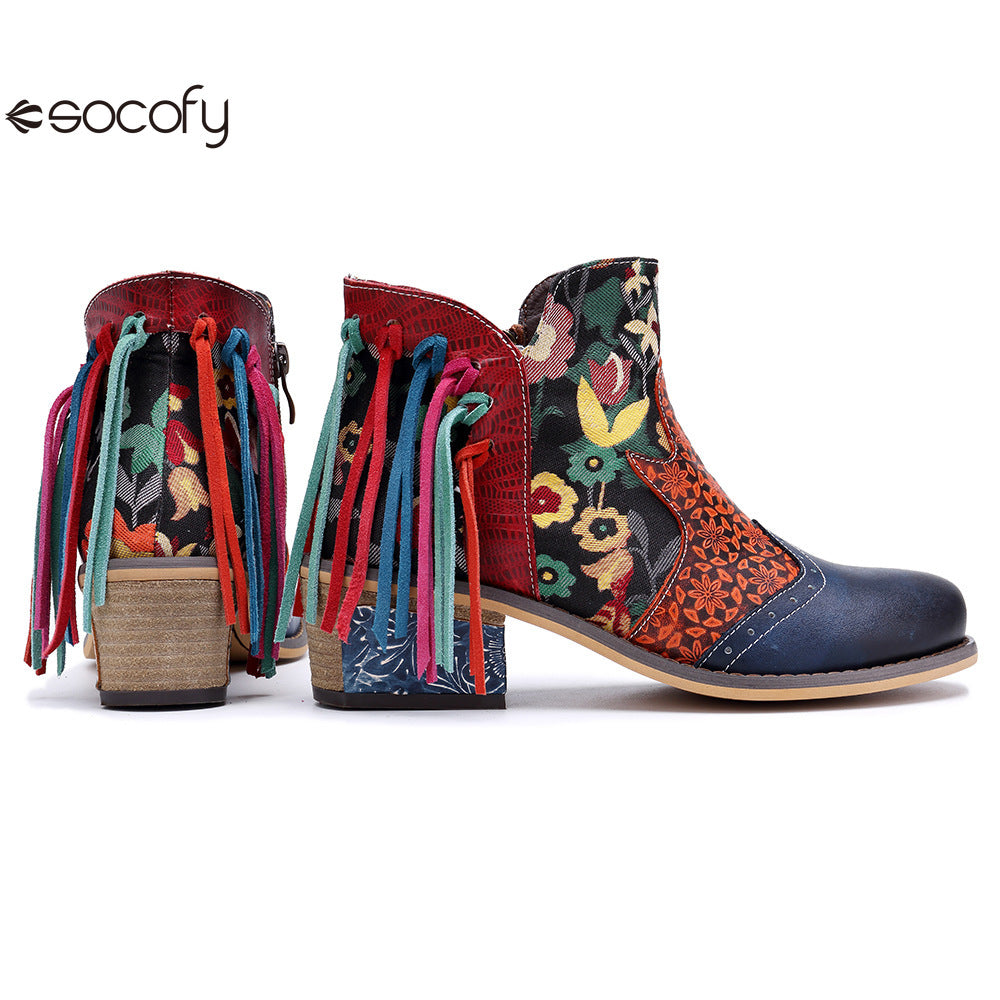 Socofy Vicconfy Leather Printed Fringe Cowboy Boots