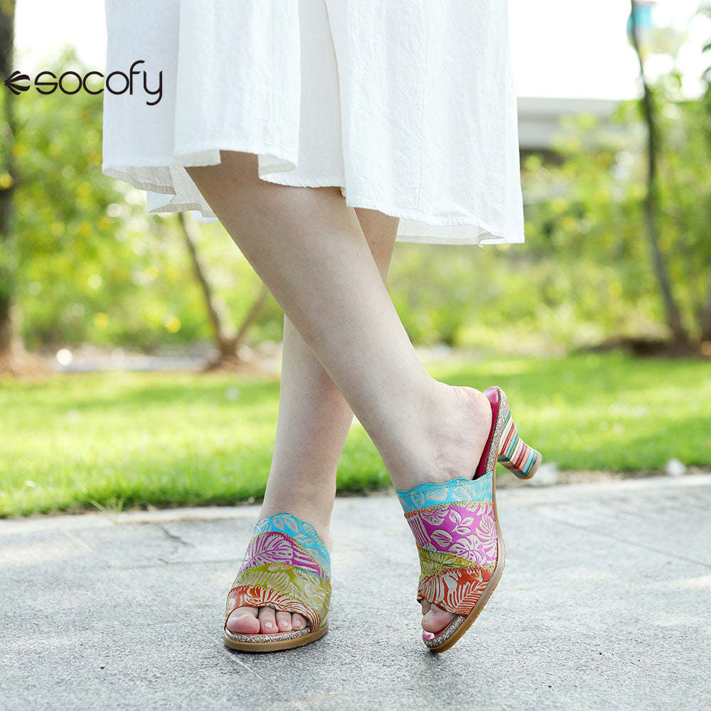 Socofy Summer Leather Vintage Colour Block High Heeled Sandals