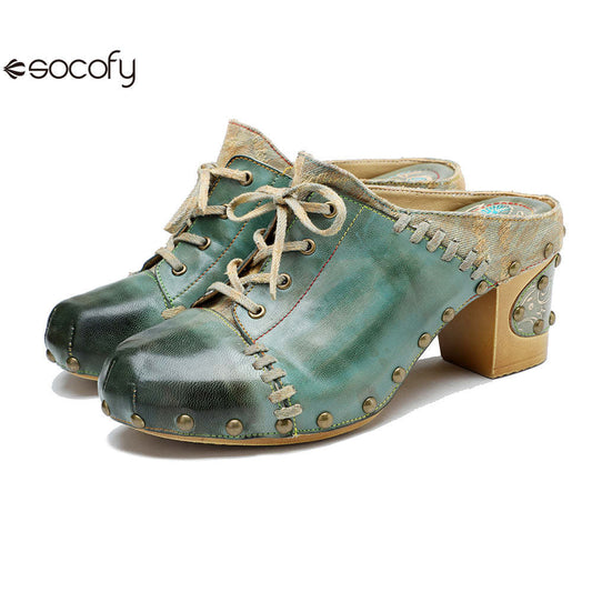 Socofy Leather Retro Street Style Rivet Chunky Heeled High Heels 1000