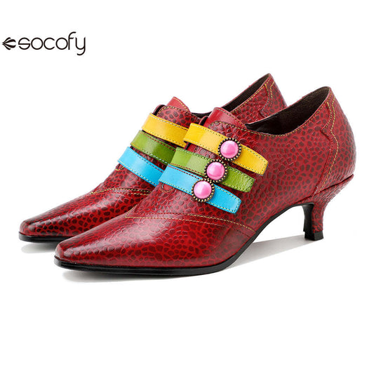 Socofy Red Leather Vintage Buckle High Heels Women's Shoes 1000