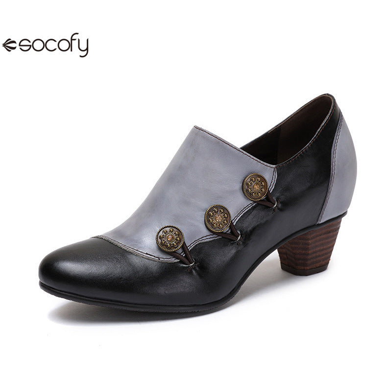 Socofy Vicconfy Genuine Leather Ethnic Style Handmade Vintage Literary Buckle Heels